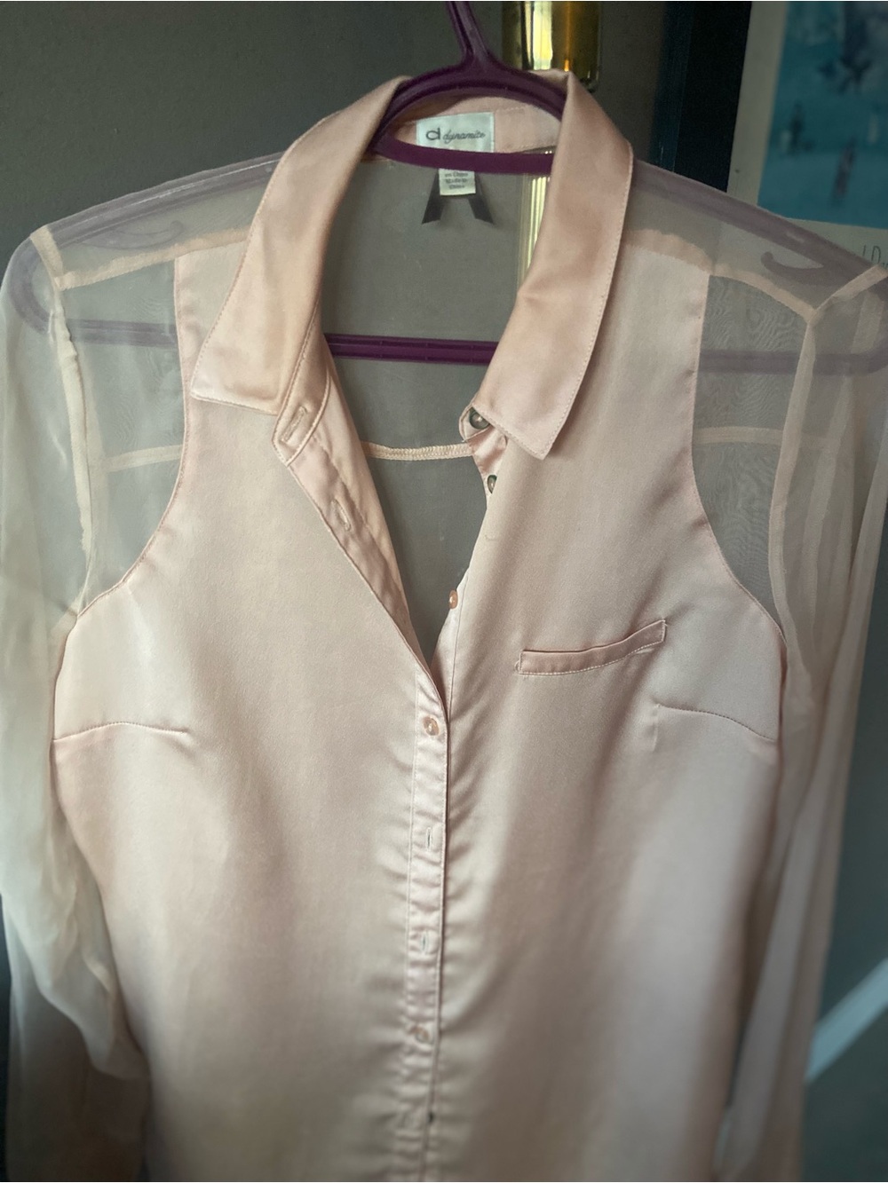 Dynamite Blush Pink Satin Blouse with Sheer Sleeves - Picture 2 of 5